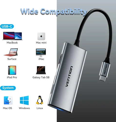Vista 7 de Hub USB C para MacBook, VENTION USB tipo C Hub multipuerto adaptador 6 en 1 con 4K HDMI USB 3.0 transferencia de datos SD/TF lector de tarjetas, USB