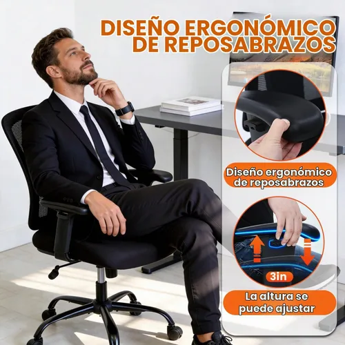 Vista 6 de Silla de oficina grande y alta, asiento ancho de 400 libras, silla de computadora con soporte lumbar, brazos ajustables, silla giratoria de malla