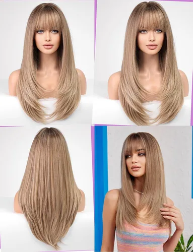 Vista 2 de Pelucas rubias cenizas para mujer, peluca larga recta en capas con flequillo, cabello sintético natural con raíces oscuras