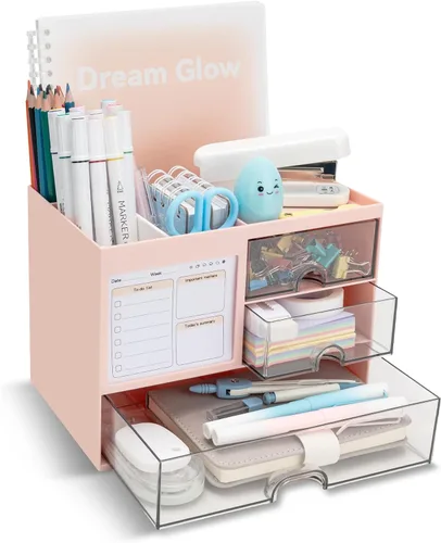 Vista 8 de QIYVLOS Organizador de escritorio con 3 cajones, portaplumas multifuncional para escritorio, organizadores de escritorio y almacenamiento con 8