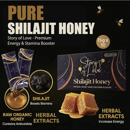 Vista 2 de Miel Shilajit orgánica hecha con jalea real natural y hierbas mixtas, paquete de 12 sobres cada 0.35 oz