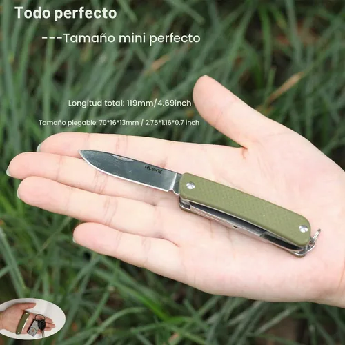 Vista 2 de Ruike Llavero Cuchillo de Bolsillo Pequeño, Multiherramienta Plegable 6 en 1, Acero Inoxidable 12C27, Mango G10, Equipo Táctico de Camping EDC Mini