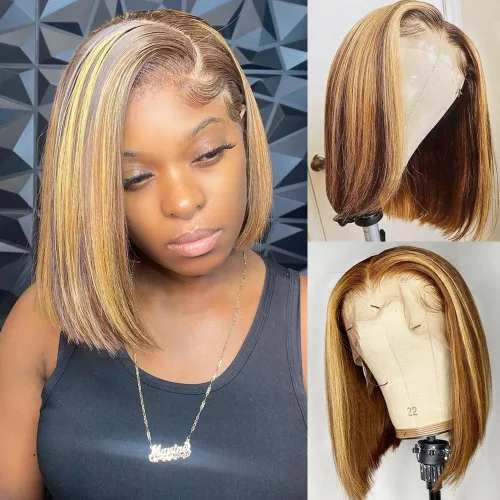 Vista 27 de Peluca Bob de pelo humano 13x4 encaje frontal HD estilo Bob corta y recta con parte lateral para mujeres negras, pelo humano prearrancado, sin De