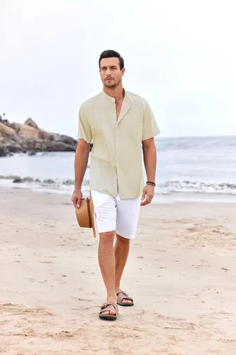 Vista 2 de Ryannology Camisas guayabera de lino de manga corta con botones para hombre, estilo casual, playa, campamento cubano, camisa mexicana para hombre