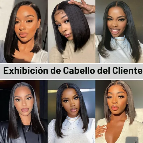 Vista 6 de Peluca Bob sin pegamento de llevar y usar cabello humano liso, 6x4 precortada con encaje HD sin pegamento, prearrancada, pelucas con cierre frontal