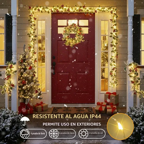 Vista 7 de Suddus 40 luces LED de Navidad con pilas, tira de luces de 12.5 pies con bayas rojas y hoja de acebo, temporizador remoto, guirnaldas artificiales