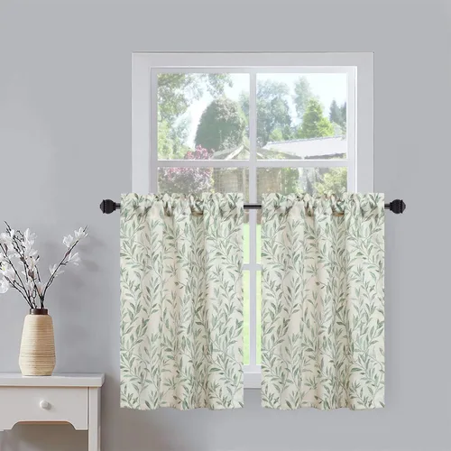 Vista 29 de VOGOL Cortinas con estampado de pájaros campestres, 30 x 24 pulgadas, 2 paneles, beige Linen Look Texture, Decorative Small Window Treatment