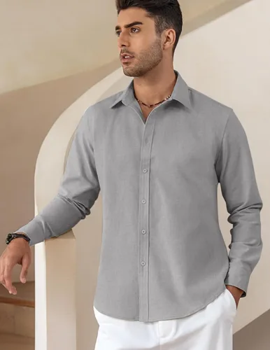 Vista 2 de COOFANDY Camisas de lino de manga larga con botones para hombre