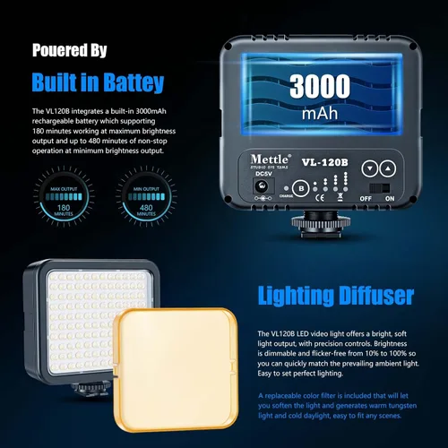 Vista 4 de Mettlelite VL120B Kit de luz LED de video regulable, continuo, portátil, para cámara, iluminación de fotografía, luz de video recargable con trípode