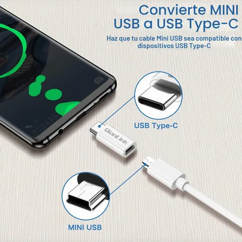 Vista 3 de Adaptador mini USB a USB C, (paquete de 2) Mini USB hembra a USB C macho, conversión de carga y sincronización de datos compatible con Samsung