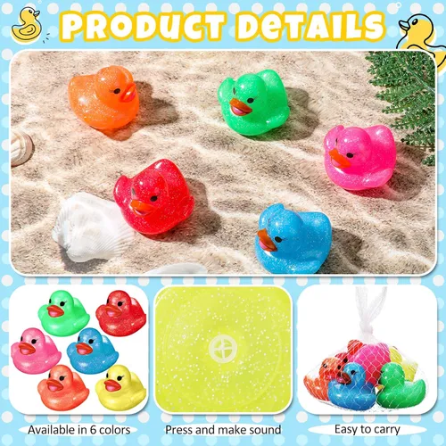 Vista 3 de Leitee 24 patos surtidos de patos de goma con purpurina para niños, mini patos con purpurina colorida de color neón, juguetes de baño para regalos