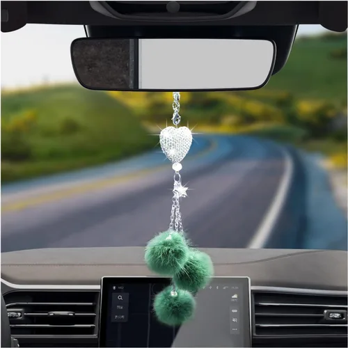 Vista 7 de Dickno Adorno Colgante Brillante para Coche, Divertido Pendiente de Corazón de Amor y Bola de Peluche Rosa para Espejo Retrovisor para Mujeres