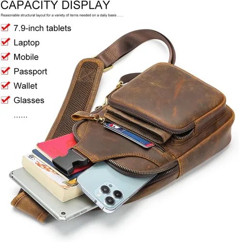 Vista 4 de NIUCUNZH Bolso bandolera de cuero genuino con cierre de metal frontal, hecho a mano, estilo vintage, mochila de hombro para mujeres y hombres, Crazy