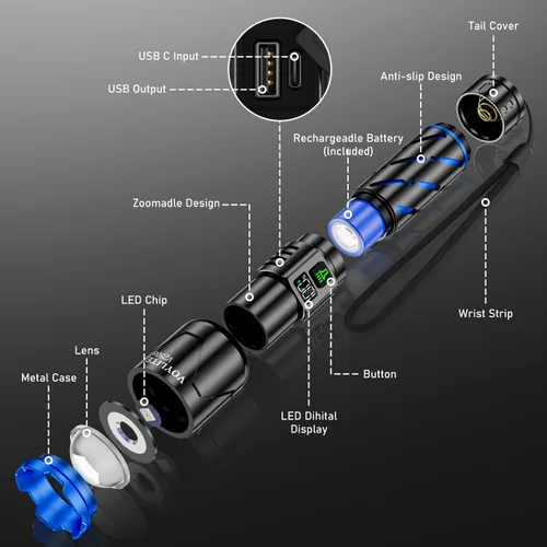 Vista 10 de Linternas recargables de alto lúmenes, 100000 LM, batería de 5000 mAh con pantalla LCD, 3 modos, zoomable e impermeable IP67, para camping, pasear