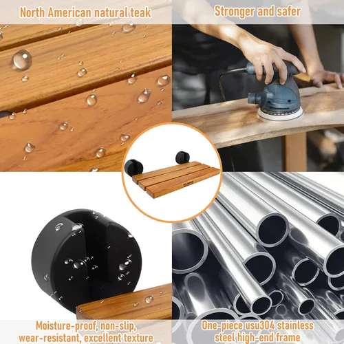 Vista 4 de Asiento de ducha plegable de teca de 20 pulgadas montado en la pared, banco de ducha plegable para espacio de ducha pequeño, taburete de madera