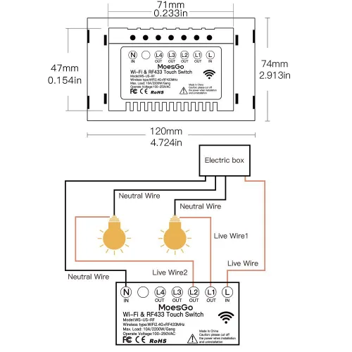 Vista 6 de MoesGo - Interruptor de luz inteligente de pared, panel de vidrio, control múltiple (3 vías), interruptores táctiles Wi-Fi de 2.4 GHz, requiere