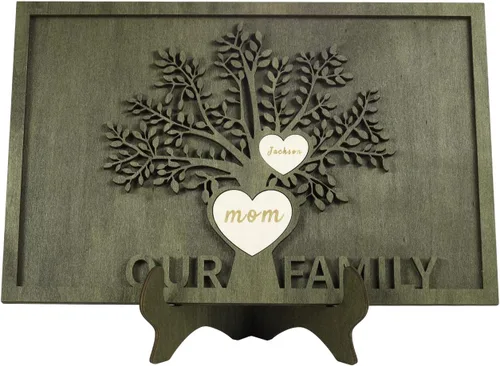 Vista 25 de Árbol genealógico con etiqueta de corazón, placas de madera grabadas personalizadas, regalos personalizados para madres, padres, escritorio, nombres