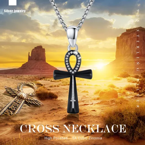 Vista 6 de MEDWISE Collar religioso de cruz Ankh para mujeres y hombres, collar de plata de ley con amuleto egipcio de eternidad, regalo de oración por la paz