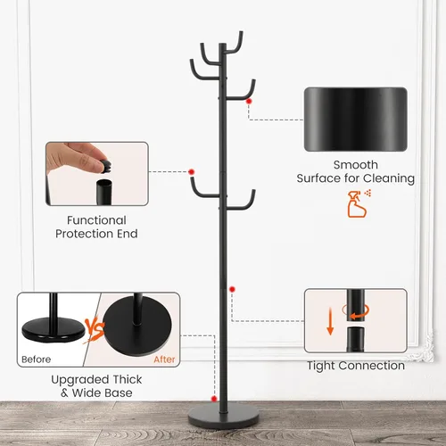 Vista 6 de Tangkula Perchero independiente, árbol de metal resistente con 8 ganchos, soporte para colgar abrigos con base ampliada de 13 pulgadas, árbol