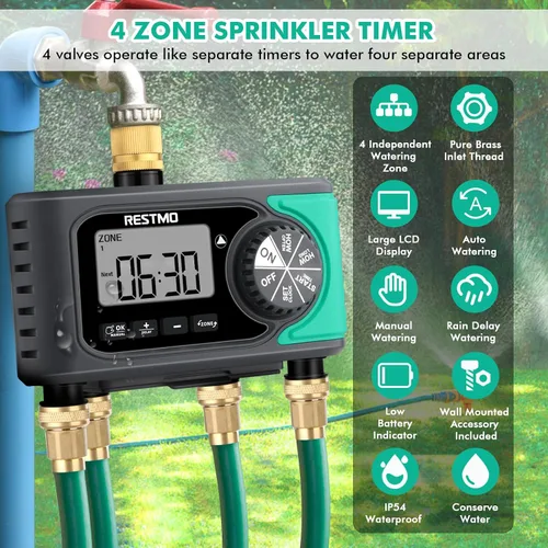 Vista 3 de RESTMO - Temporizador de aspersor de 4 salidas con entrada de latón, temporizador de agua programable de 4 zonas para manguera de jardín, control