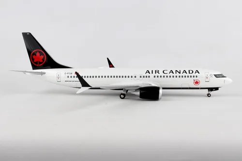 Vista 6 de Daron Skymarks Air Canada 737MAX8 1/100 con soporte de madera y engranaje