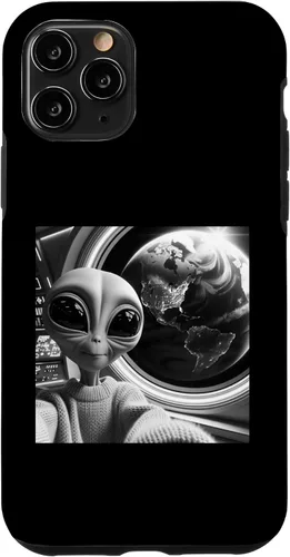 Vista 10 de iPhone 14 lindo alienígena divertido negro y blanco selfie UFO Earth caso