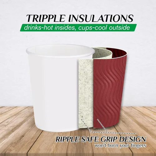Vista 3 de JollyPack Paquete de 60 tazas de café de papel de 12 onzas, vasos desechables de color rojo vino con pared ondulada aislada para café, té