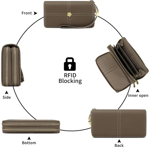 Vista 2 de Cartera de mujer con bloqueo RFID, cartera de piel auténtica, cartera de gran capacidad para mujeres con múltiples tarjeteros y compartimento