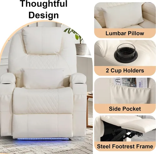 Vista 8 de AHMED Silla reclinable eléctrica con masaje por vibración y calor para adultos, asiento de cine en casa de piel sintética con portavasos, luces LED