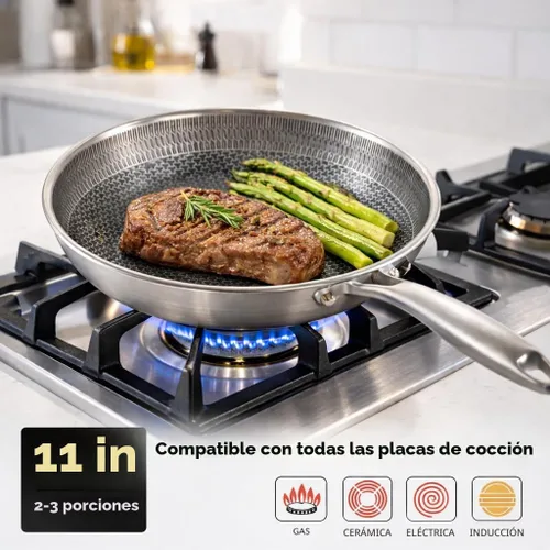Vista 6 de Sartén de acero inoxidable de 11 pulgadas, sartén de panal de abeja 18/10 de 3 capas, compatible con inducción, sartén de acero inoxidable apta