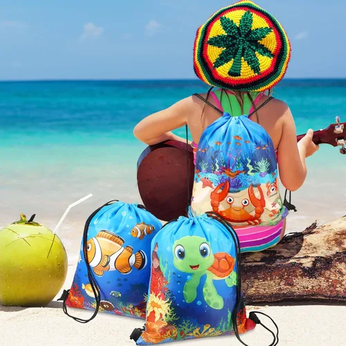 Vista 2 de Sanwuta 18 bolsas de recuerdo de fiesta bajo el mar, bolsas de regalo del océano, bolsas con cordón para regalo de playa, animales marinos, dulces
