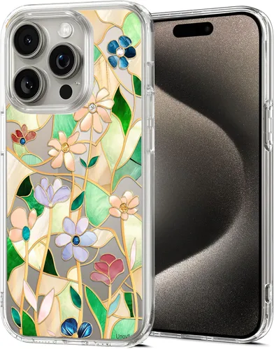Vista 13 de Unov for iPhone 15 Case, Clear with Design, Slim Fit Good Grip, Embossed Phone Case, Shockproof Protective Cover, Raised Camera Protection, Soft