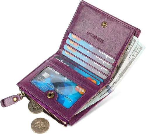 Vista 2 de Lavemi Carteras ultrafinas de cuero compacto para mujeres y niñas, con bloqueo RFID, tarjetero para tarjetas de crédito para mujeres 1-púrpura