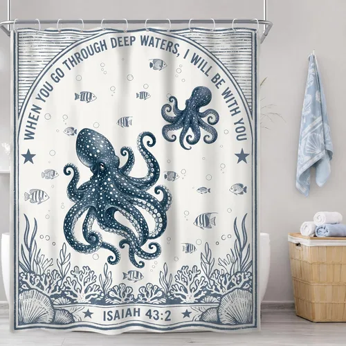 Vista 13 de Riyidecor Ocean Turtle Bible Verse Rustic Navy Bathroom Shower Curtain Set