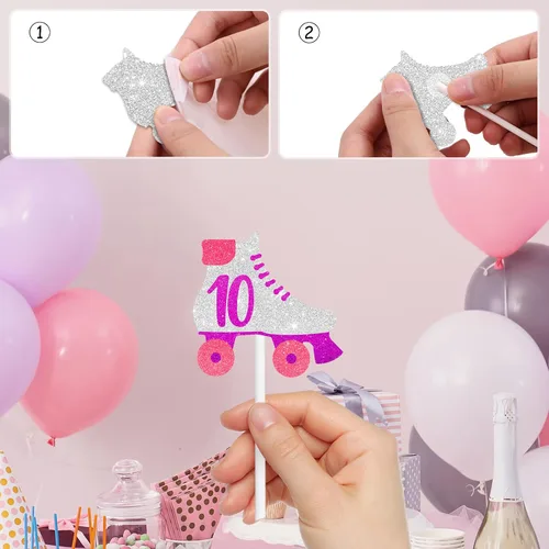 Vista 3 de 18 piezas de decoración de cupcakes para fiestas de cumpleaños número 10, decoración de patín rosa y morado para niños de 10 años y niñas, fiesta