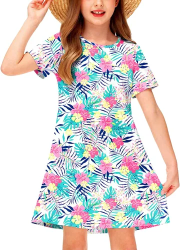 Vista 10 de Deerose Kids Summer Short Sleeve Dresses Hawaiian Tshirt Sundress 3-14 Years Coconut trees