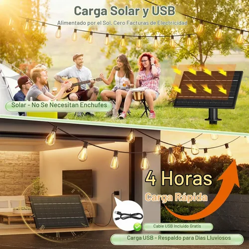 Vista 4 de Tira de luces solares para exteriores de 100 pies con 36+2 bombillas Edison inastillables e impermeables, luces de patio de grado comercial de 2200