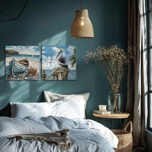 Vista 8 de Decoración de baño, arte de pared de playa, tema oceánico, imagen azul, impresión en lienzo, obra de arte costera moderna, enmarcada para colgar