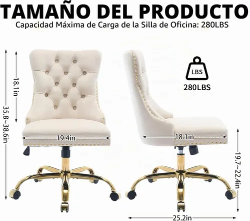 Vista 3 de Silla de escritorio de terciopelo beige para oficina en casa con ruedas y base dorada, linda silla de tocador con respaldo acolchado para mujeres