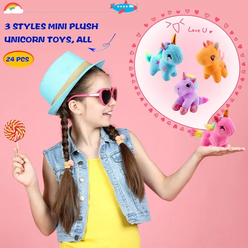 Vista 3 de Paquete de 24 minijuguetes de unicornio de peluche a granel, lindo unicornio de peluche pequeño con arco iris para Navidad, Pascua, boda, fiesta