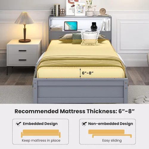 Vista 9 de Giantex Base de cama individual con cabecera de almacenamiento, plataforma de madera con estación de carga y luz LED, cama individual con soporte