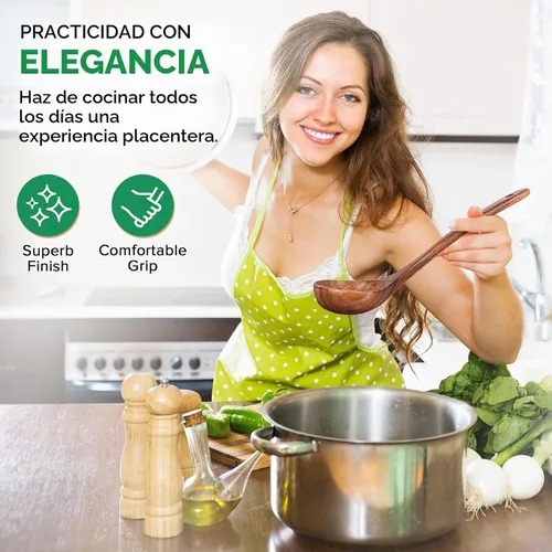 Vista 8 de Cucharas de madera para cocinar, juego de 2 piezas de utensilios de madera de cuchara de sopa y cuchara de pasta de espagueti con dientes, juego