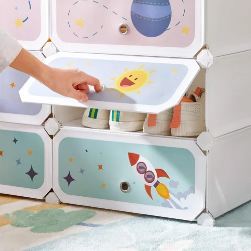 Vista 5 de SONGMICS Zapatero para niños con puertas, organizador de almacenamiento apilable de 6 ranuras, armario de plástico, juguetes, libros, ropa, 12.2 x