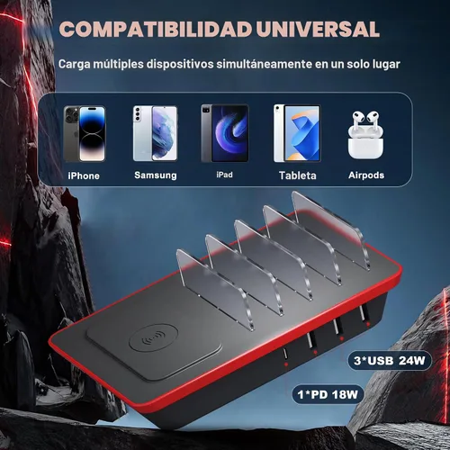 Vista 6 de Estación de carga para múltiples dispositivos, estación de carga de 4 puertos de 85 W con potentes puertos USB C PD de 18 W, cargador inalámbrico QI