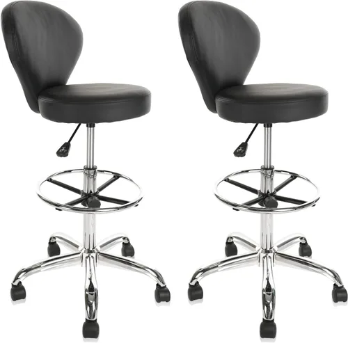 Vista 16 de KLASIKA Taburete con ruedas de respaldo bajo negro, taburetes de tocador de cuero PU, altura ajustable ergonómica giratoria giratoria silla