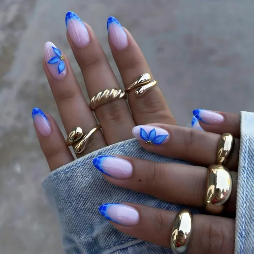 Vista 11 de Uñas postizas largas a presión con forma de almendra, color azul Seeneey