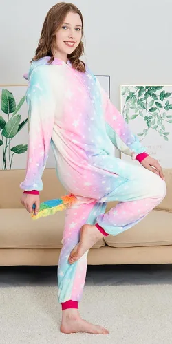 Vista 2 de NewPlush Pijama unisex de unicornio para adultos, mujeres y hombres, mameluco de cosplay de animales