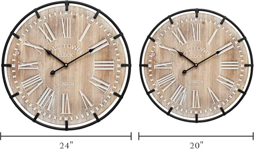 Vista 5 de Reloj de pared Grand Farmhouse de 20 pulgadas, diseño de madera y metal de inspiración vintage con grandes números grabados, reloj silencioso