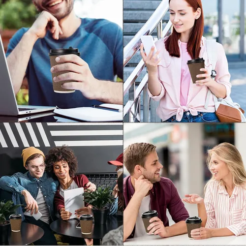 Vista 6 de LITOPAK Paquete de 80 tazas de café de papel de 10 onzas, tazas de café caliente con pared ondulada aislada con tapa y pajitas, tazas de tres capas