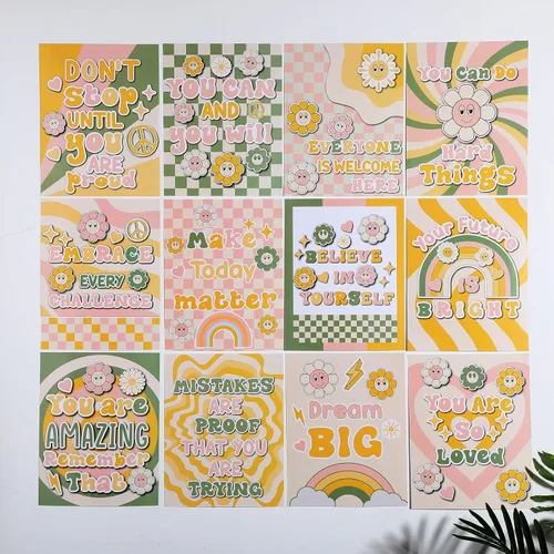 Vista 3 de Nezyo 12 pósteres retro Groovy para aula, diseño de flores hippie bohemias, decoración de tablón de anuncios, póster educativo para guardería